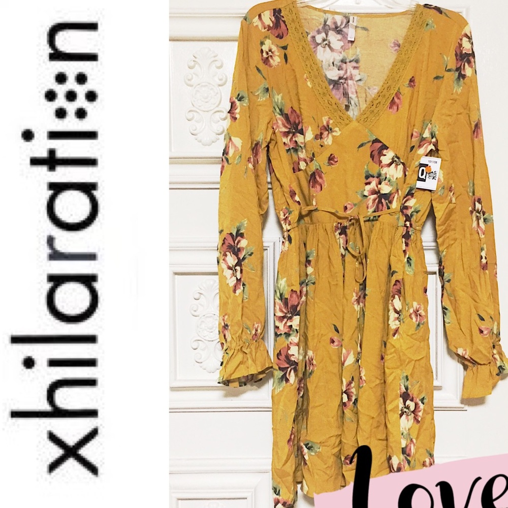 Boho Mustard Floral Long Bell Sleeves Midi Dress